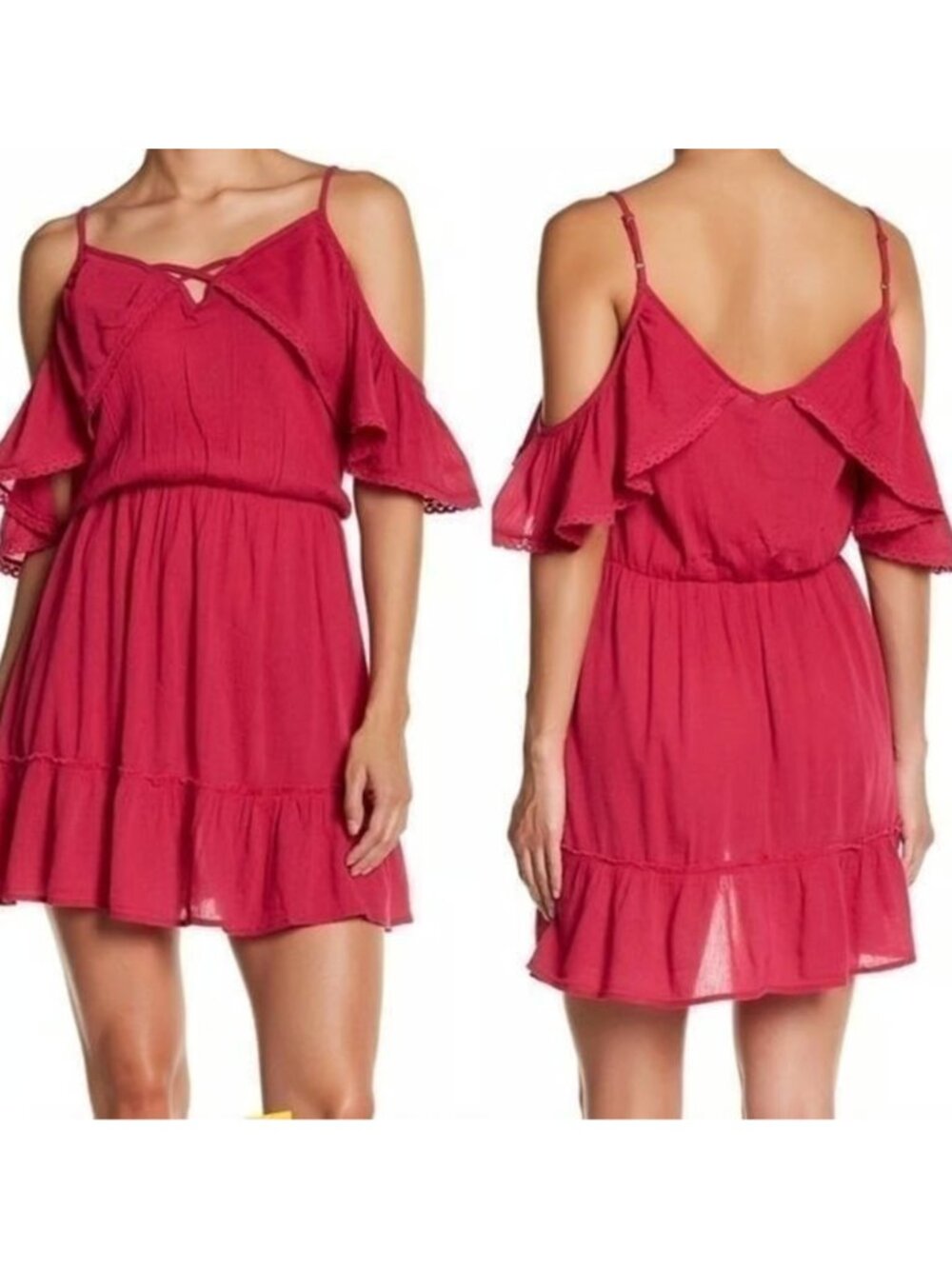 NEW NWT WILD PEARL Ruffle Dress Magenta Pink Cold Shoulder Cutout Mini Shift XS